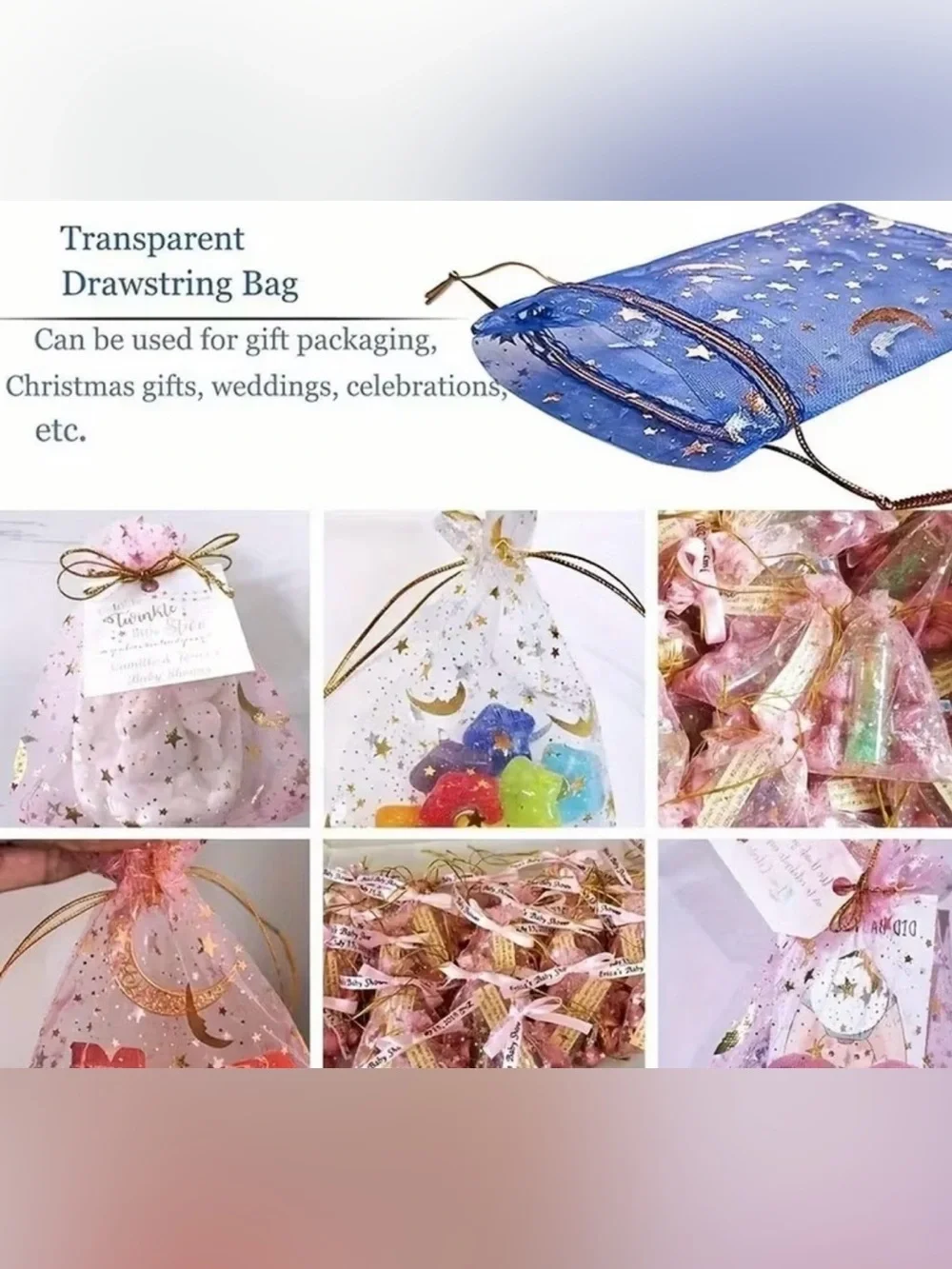 Gold Star Organza Drawstring Favor Bags - Assorted Colors, 50pcs